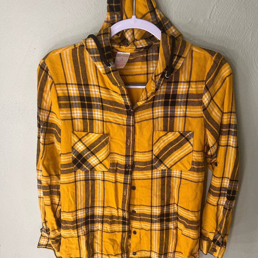 Yellow Plaid Button-Up Hoodie, M